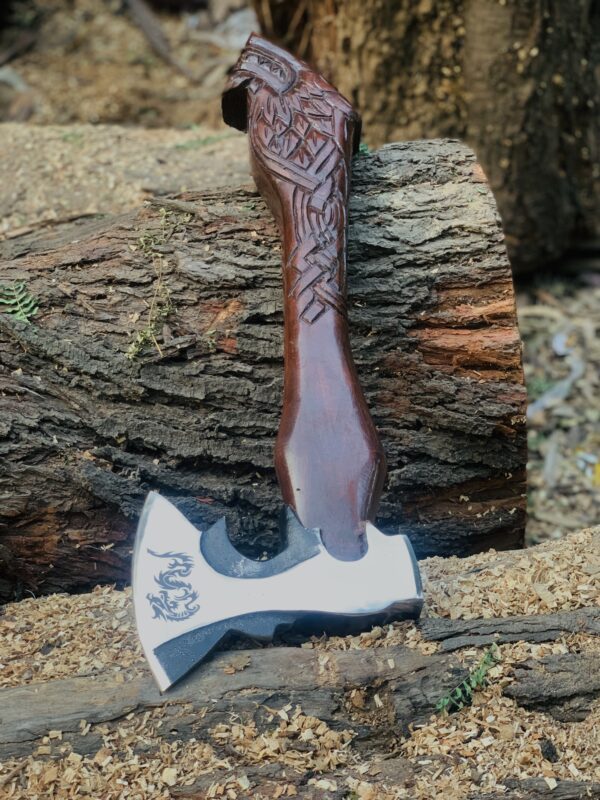 Hand-Carved Fenrir-Style Axe with Display Stand – Viking-Inspired Collectible - Image 4